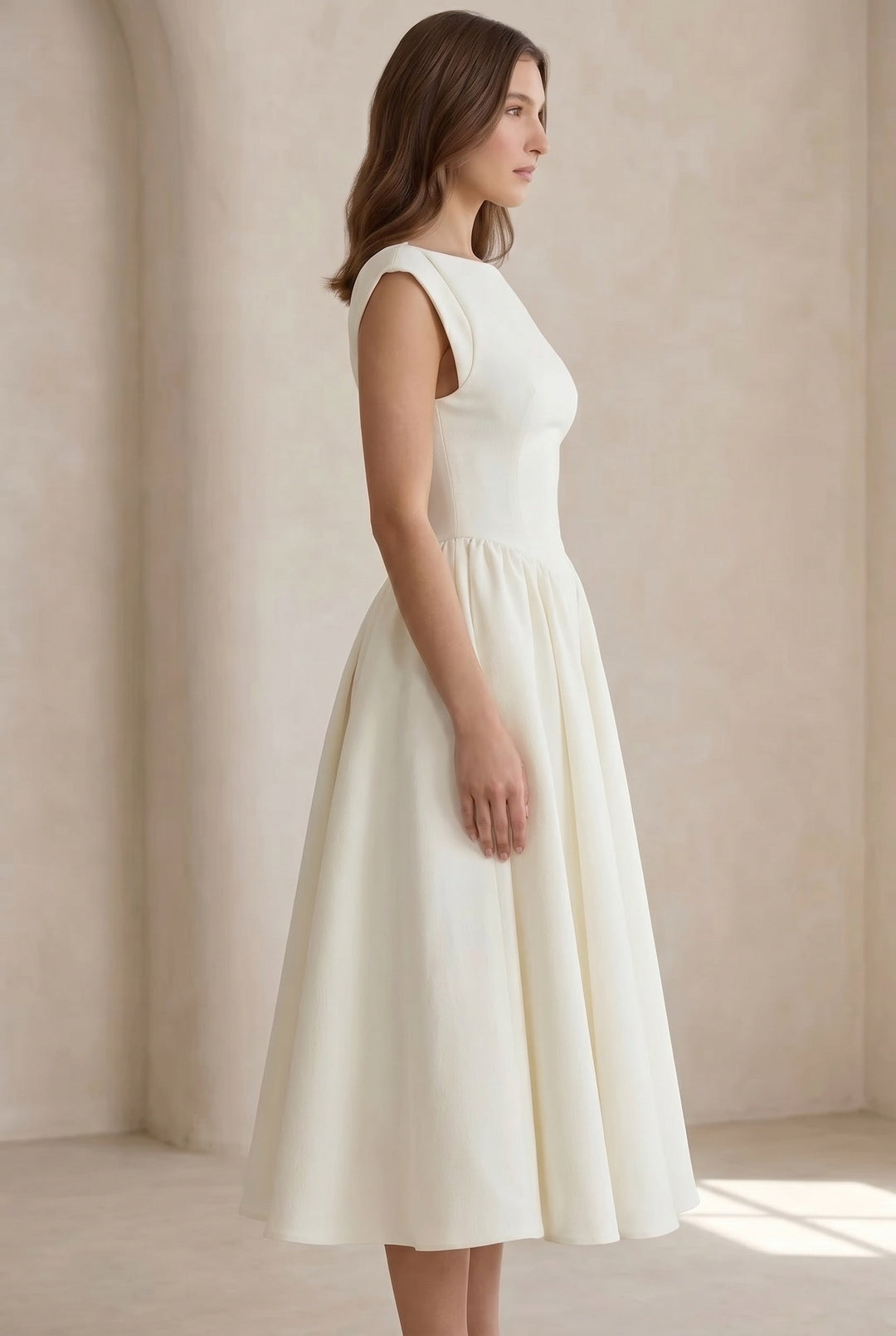 Classic black elegant cap sleeve midi dress. A timeless women's formal or professional office wear for any season.