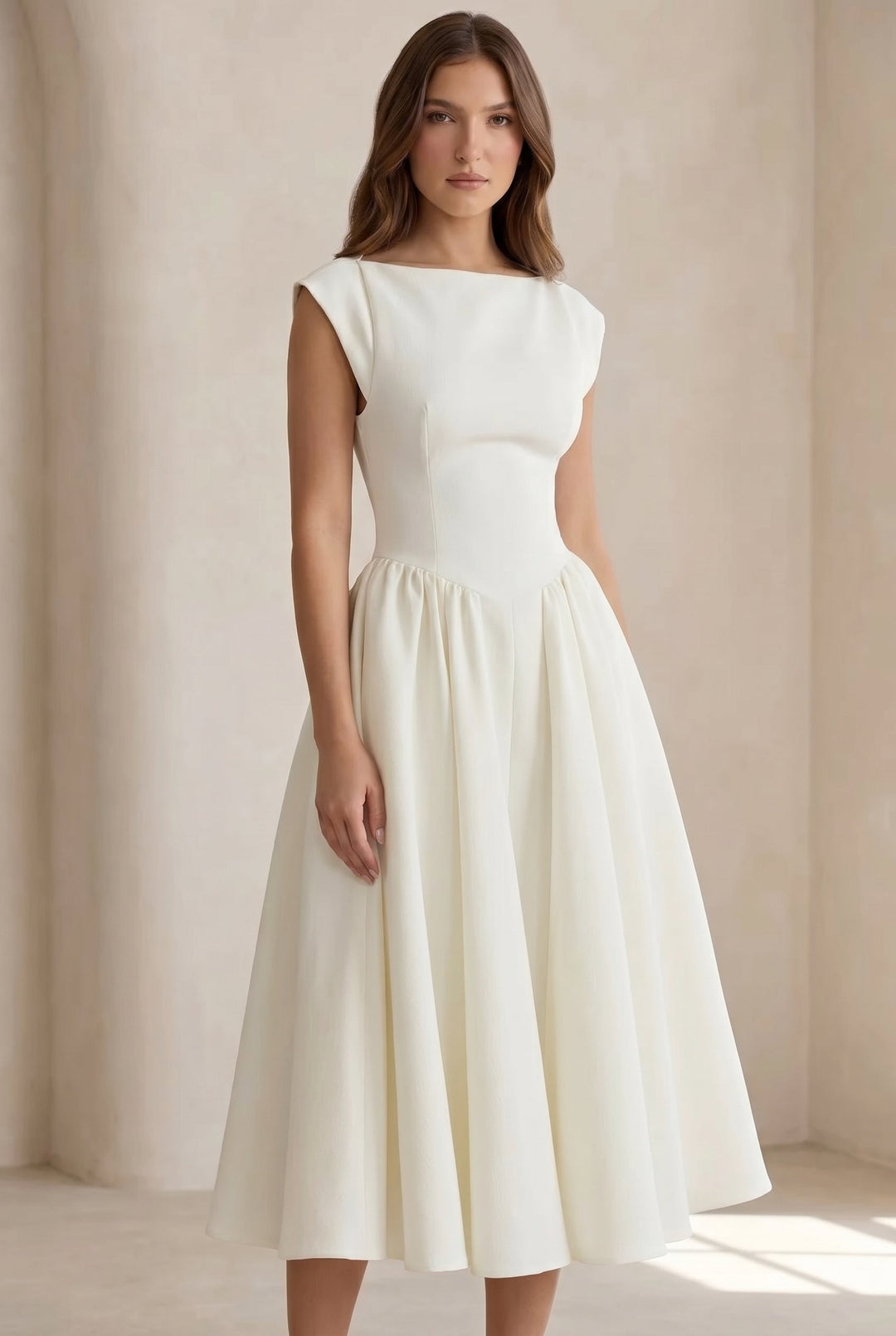 Stylish white elegant cap sleeve midi dress. Perfect for women's sophisticated spring/summer office or evening wear.