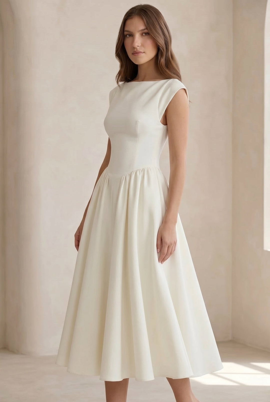 Versatile elegant cap sleeve midi dress for women. Suitable for formal events, office, or professional settings.