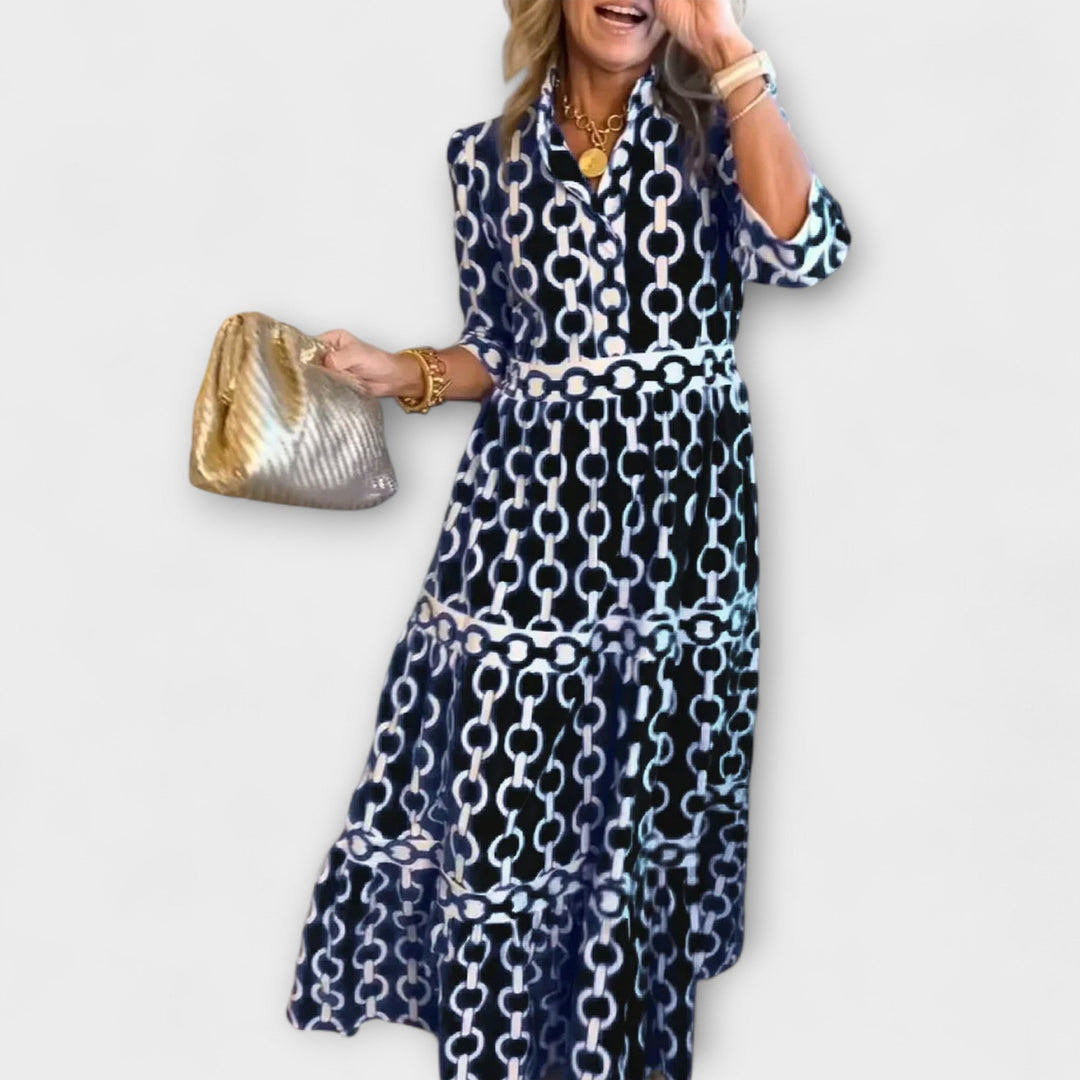 Sophisticated women's chain print midi dress, collared, button-front, versatile for day or evening.