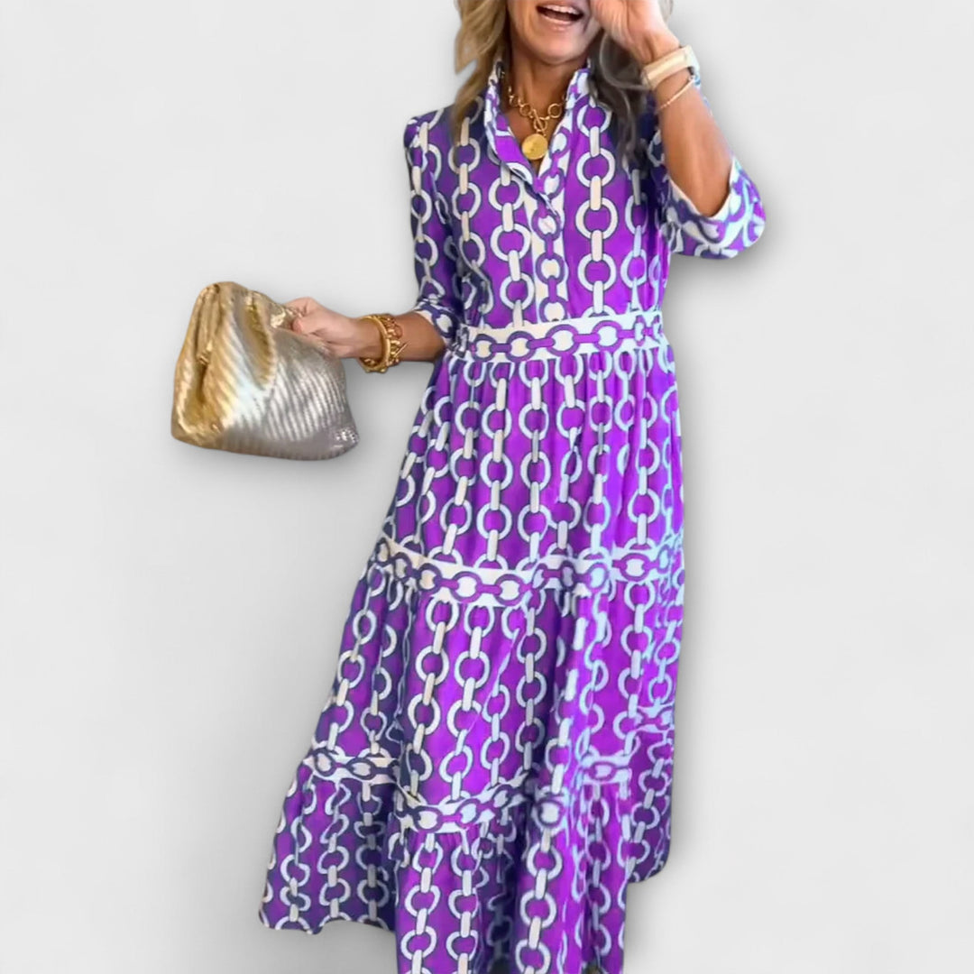Chic women's collared chain print midi dress with 3/4 sleeves, perfect for casual or formal wear.