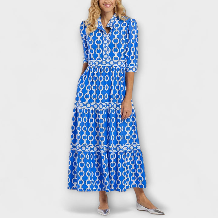 Flattering women's chain print midi dress, collared neckline, and three-quarter sleeves.