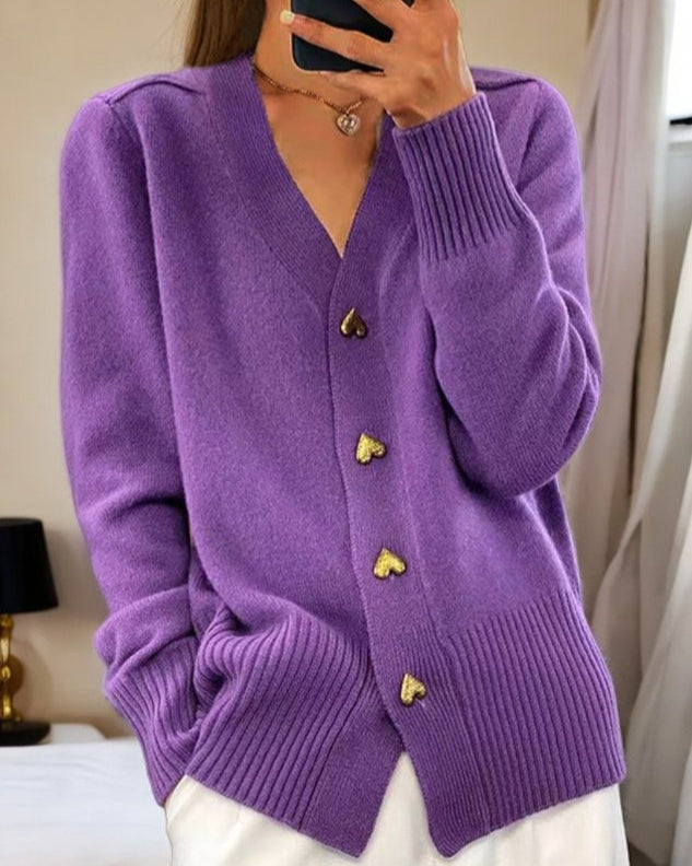 Stylish women's Chasie cardigan featuring romantic heart buttons, a chic v-neck top for elegant fashion.