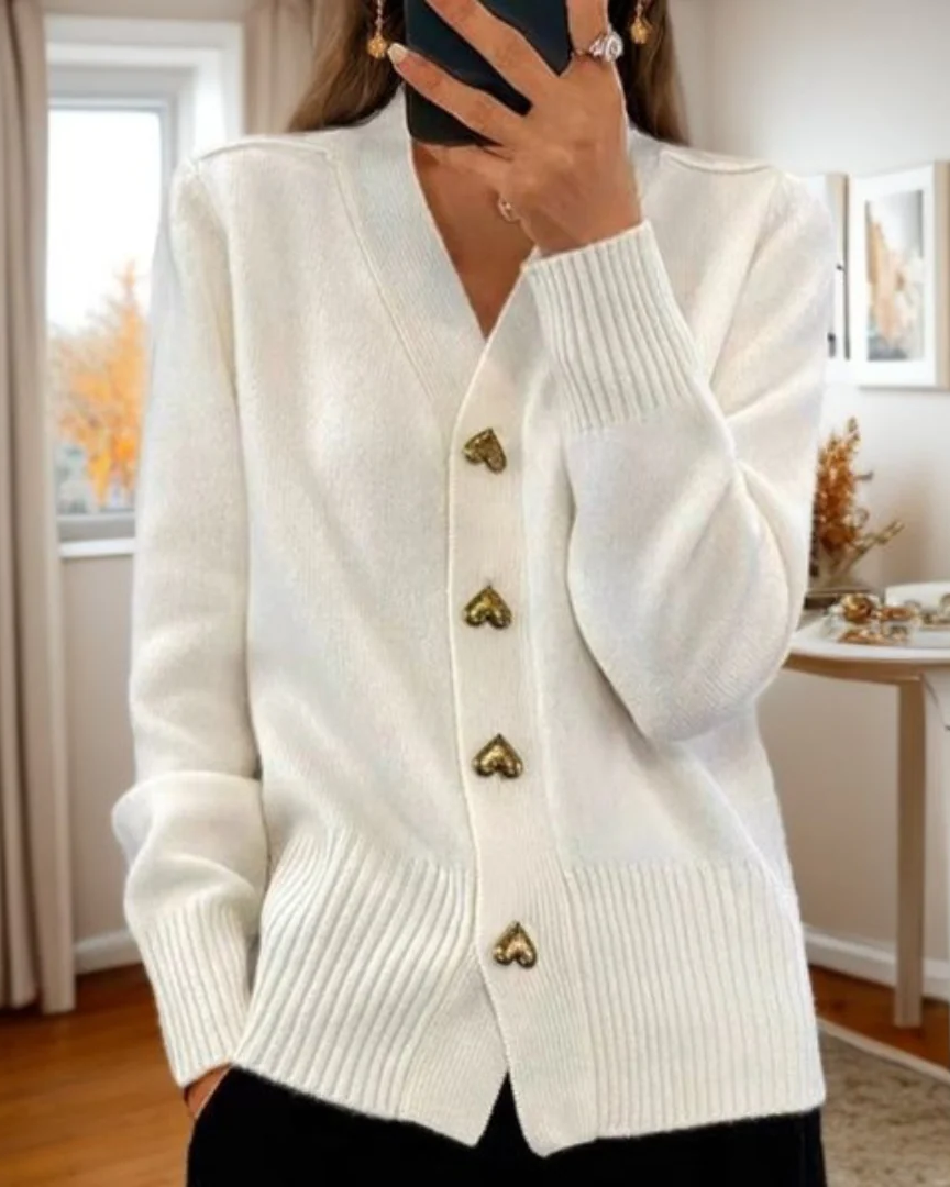 Chasie #1851 women's elegant cardigan with heart buttons, a cozy v-neck sweater for stylish, romantic fashion.