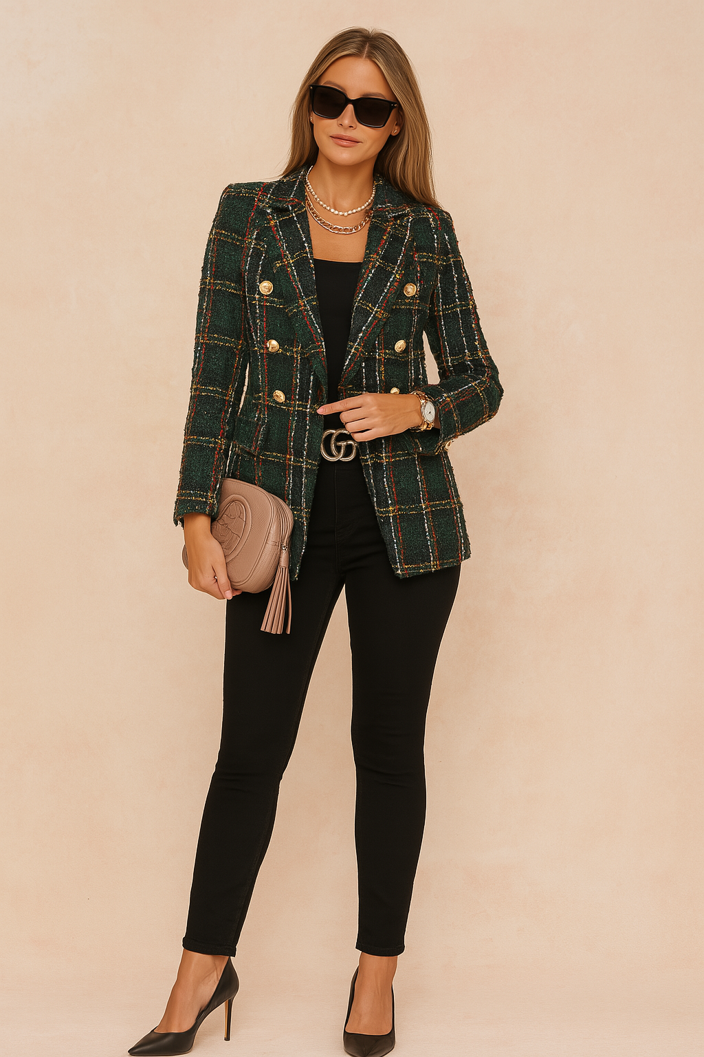 Elegant women's checked double-breasted blazer jacket, fashionable outerwear.