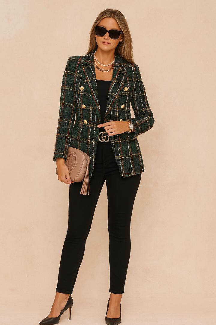 Elegant women's checked double-breasted blazer jacket, fashionable outerwear.