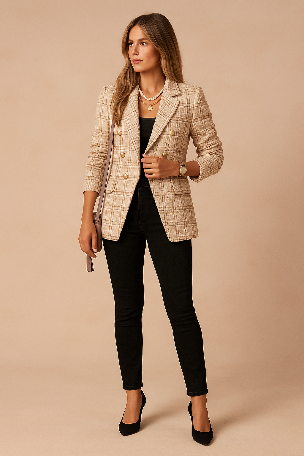 Woman wearing a stylish checked blazer jacket, perfect for business casual.