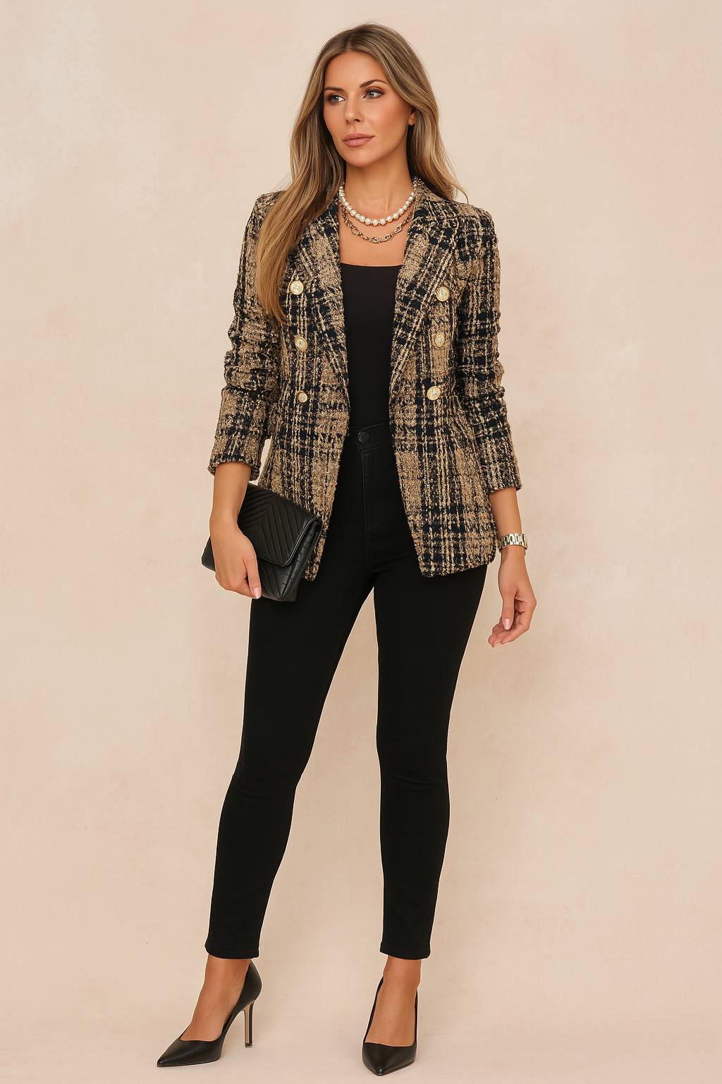 Versatile women's checked blazer, a must-have for elegant everyday fashion.