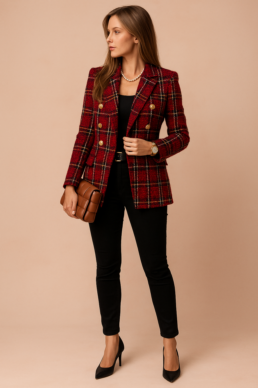 Fashionable women's checked outerwear, featuring a classic double-breasted design.