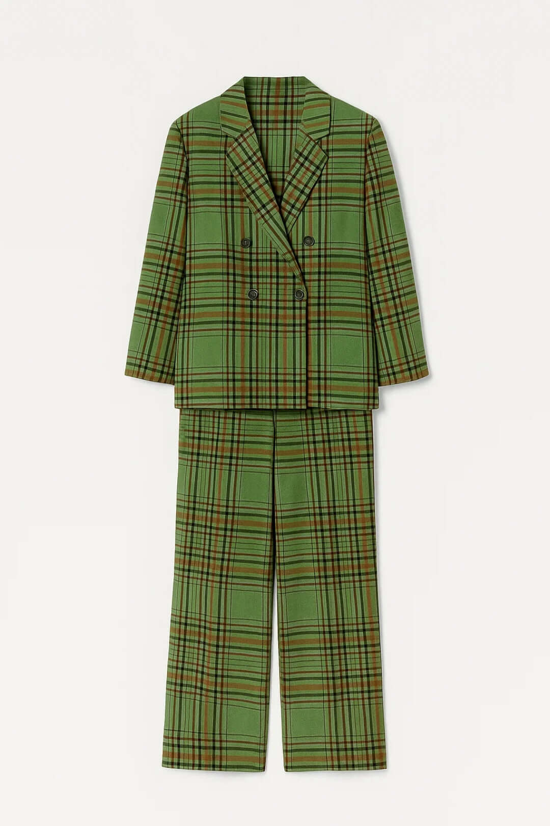Stylish women's tailored checked two-piece suit with classic double-breasted blazer & high-waisted straight trousers.