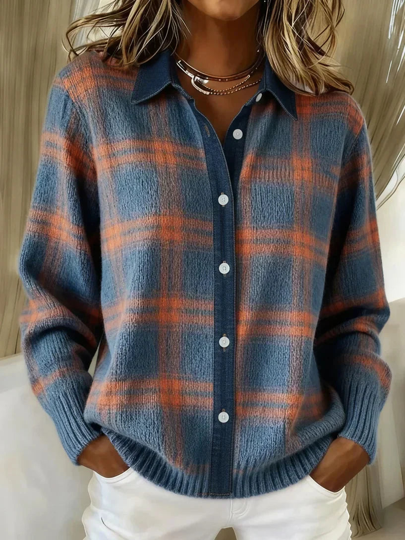 Elegant women's checkered longline cardigan with button-front, perfect for cozy fall & winter layering.