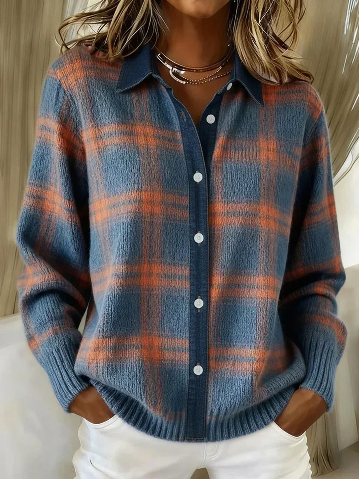 Elegant women's checkered longline cardigan with button-front, perfect for cozy fall & winter layering.
