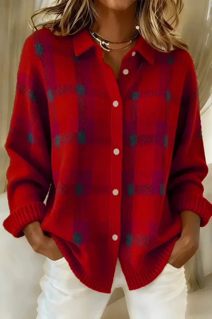 Chic women's knitwear cardigan featuring a timeless checkered pattern and comfortable button-front design.