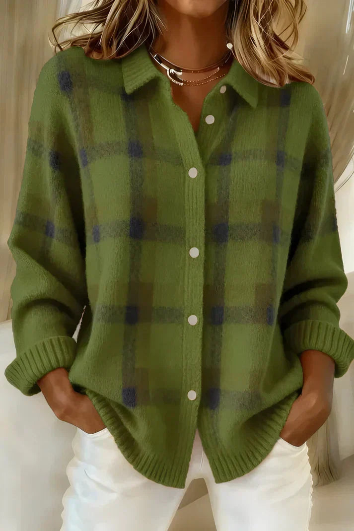 Versatile women's cozy checkered cardigan, a stylish button-front sweater ideal for fall fashion and winter wear.