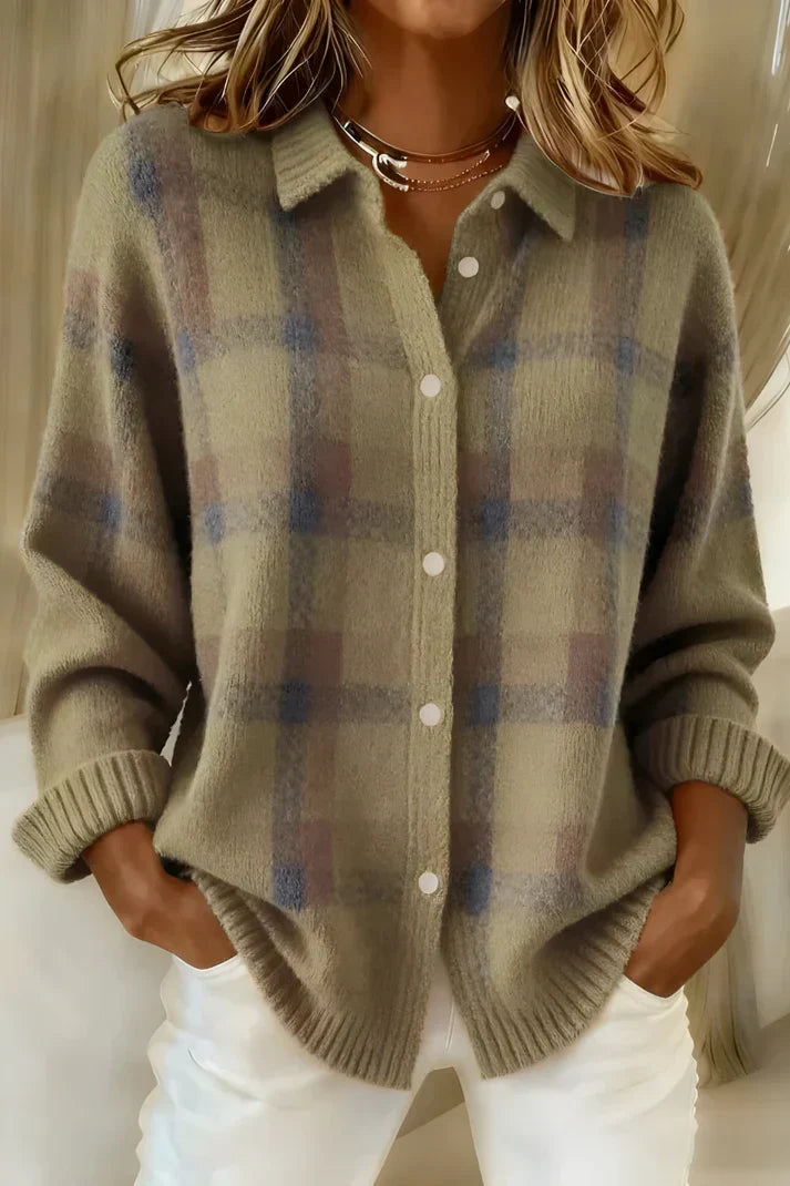 Elegant women's button-front cardigan showcasing a sophisticated checkered pattern for a chic look.