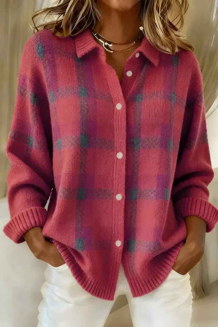 Cozy women's longline cardigan in a checkered knit, offering comfortable layering for cooler weather.