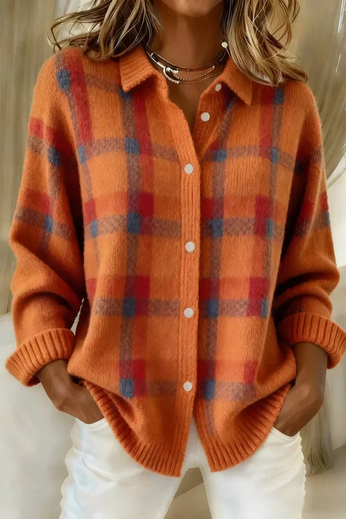 Stylish women's button-front cardigan with a classic checkered design, perfect for an elegant winter outfit.