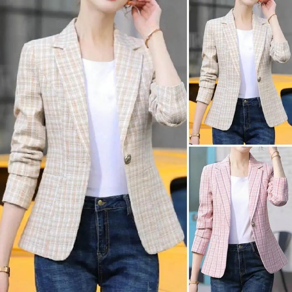 Elegant women's checkered single-button blazer for professional office wear.