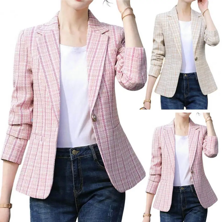 Versatile women's single-button checkered blazer, ideal for professional or casual chic outfits.