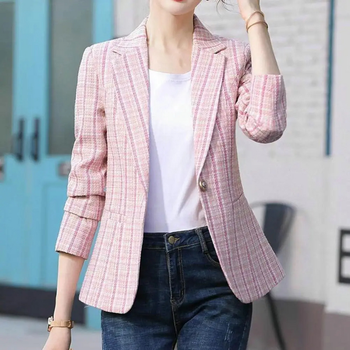 Smart casual women's checkered blazer with a single button, a stylish and versatile outerwear piece.