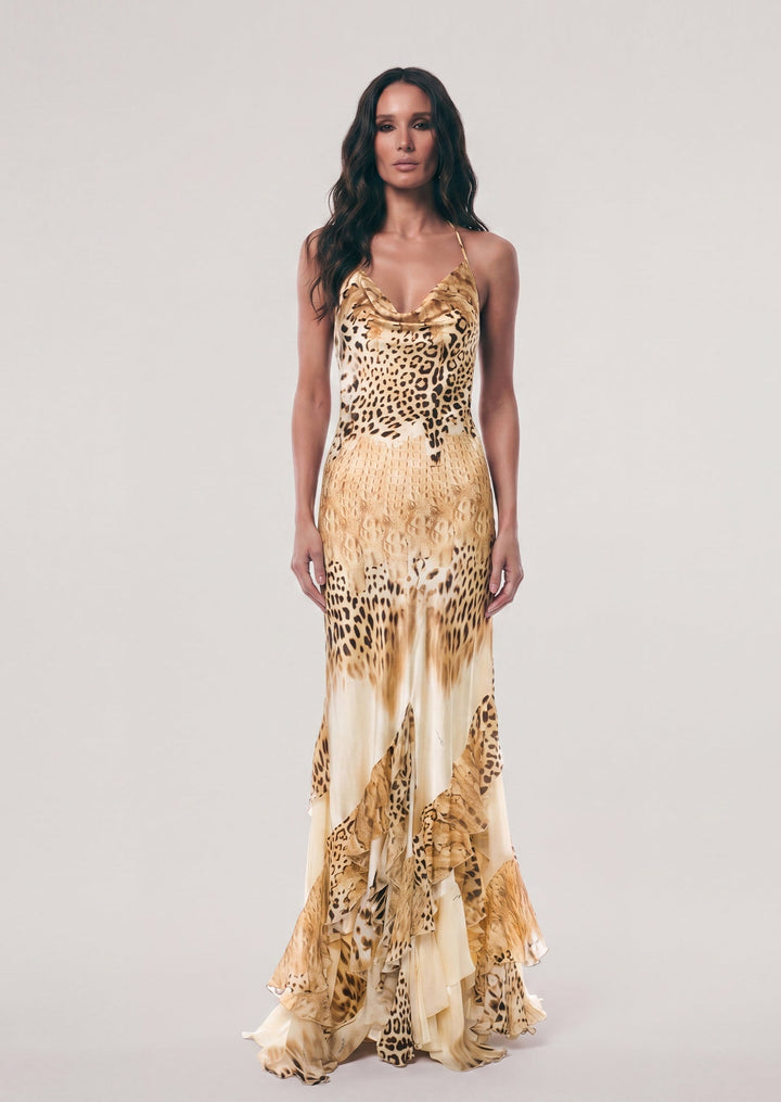 Elegant women's cheetah print maxi dress for special occasions. Glamorous long party or evening wear.