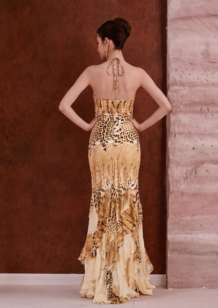 Women's elegant cheetah print maxi dress. Perfect party or evening dress, glamorous occasion wear.