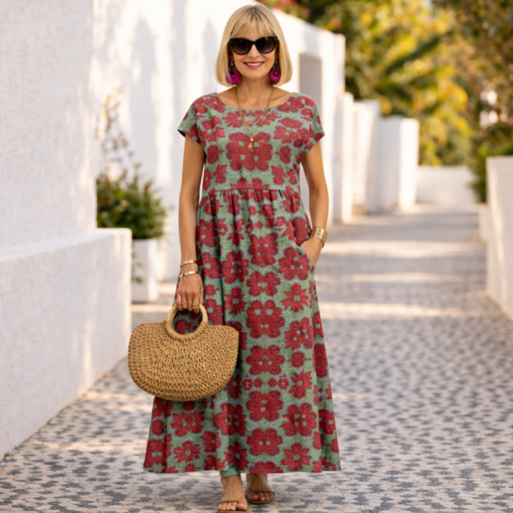 Elegant women's chic floral midi dress with a flattering V-neck, perfect for summer casual or occasion wear.