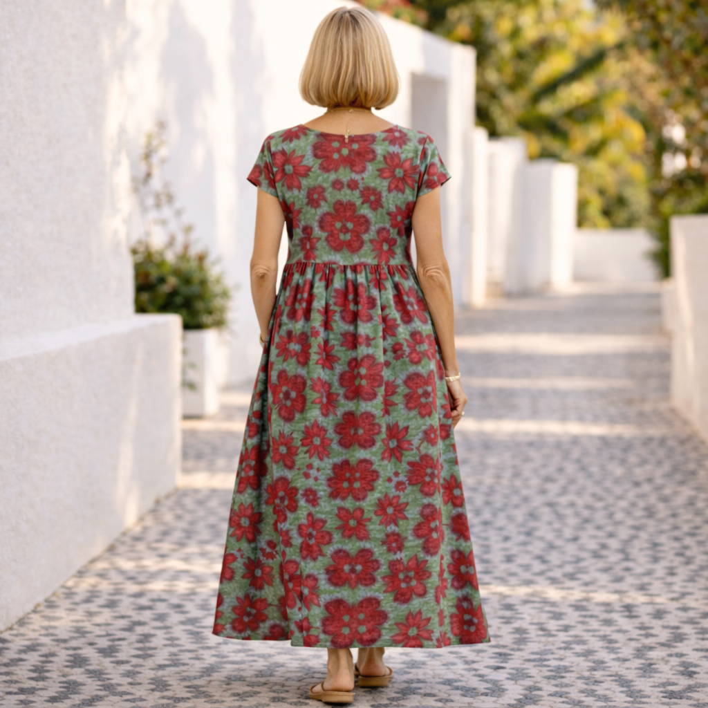 Flowy women's summer midi dress featuring a vibrant floral pattern and comfortable chic style.
