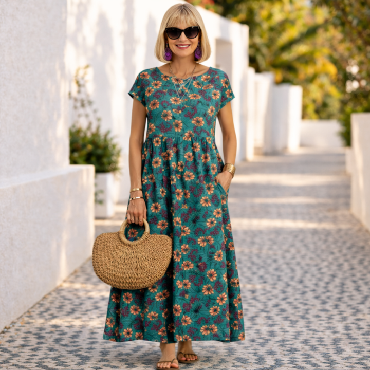 Close-up of the delicate floral pattern on a chic women's V-neck midi dress, highlighting its vibrant print.
