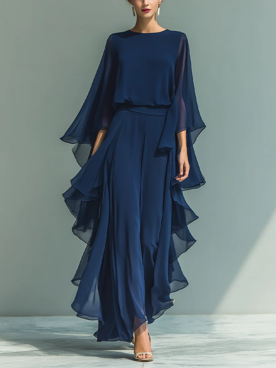 Elegant women's chiffon two-piece set with wide-leg trousers, ideal for formal wear & special occasions.