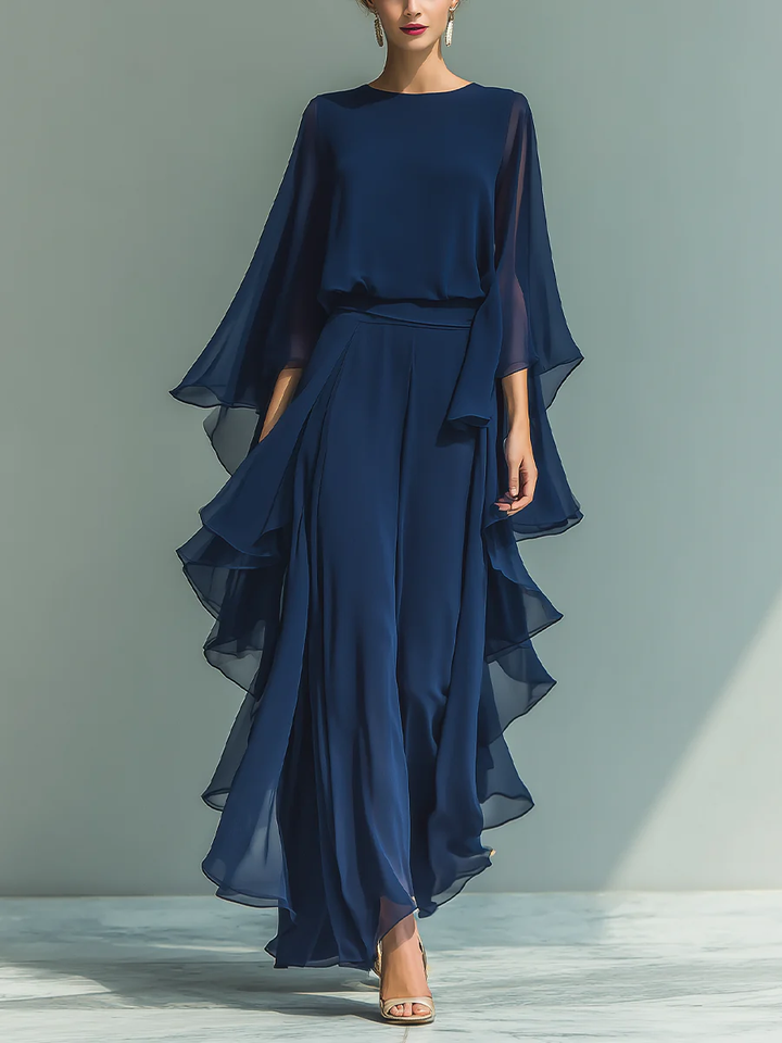 Elegant women's chiffon two-piece set with wide-leg trousers, ideal for formal wear & special occasions.