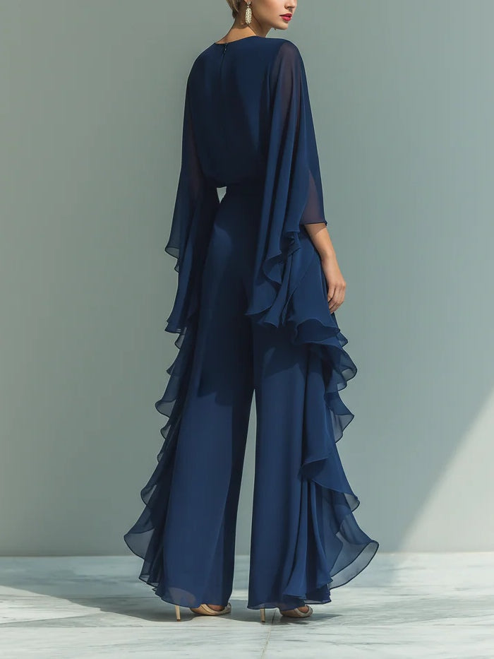 Stylish women's chiffon two-piece set featuring ruffled sleeves & comfortable wide-leg trousers for evening.