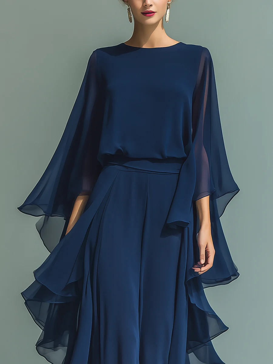 Chic women's two-piece chiffon set: flowing wide-leg trousers & top with ruffled sleeves. Perfect for weddings.