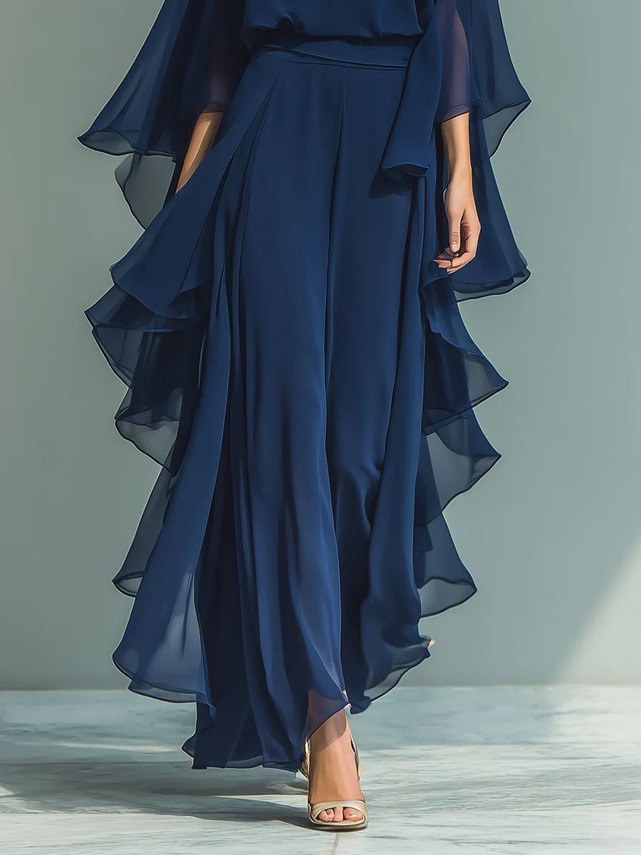 Formal women's elegant chiffon set with wide-leg pants, versatile for cocktail parties & evening events.