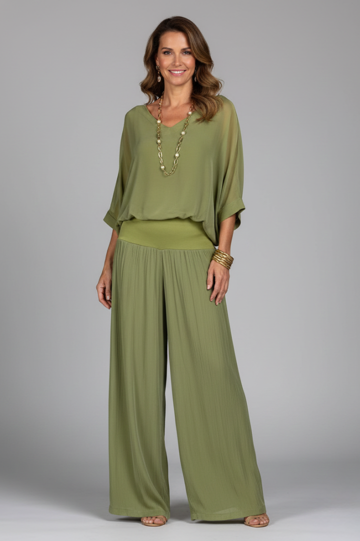 Breathable chiffon wide-leg pants and matching top two-piece set for women.