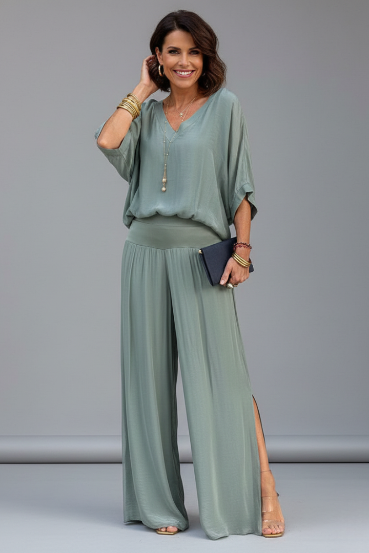 Versatile women's elegant chiffon two-piece set for casual or dressy summer occasions.