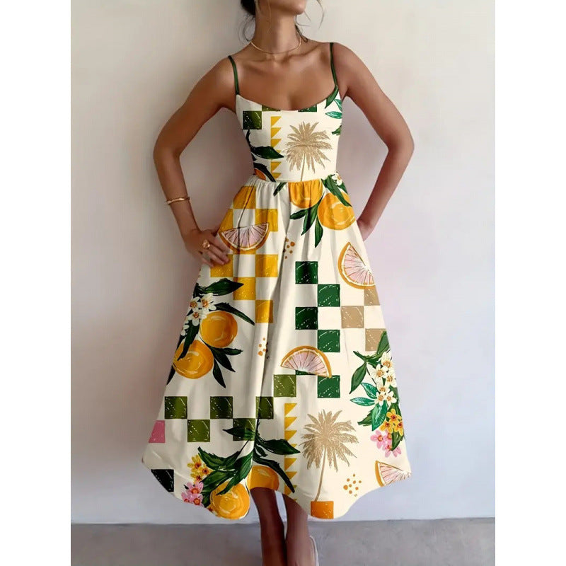 Elegant Women's Citrus Palm Midi Dress with tropical print, perfect for summer vacations & resort wear.