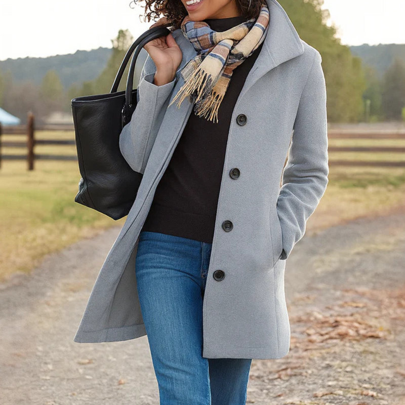 Elegant women's classic button-up coat for fall/winter, tailored fit outerwear.