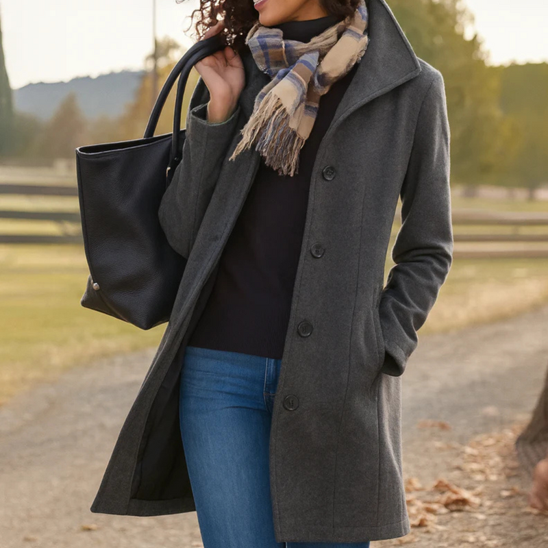 Versatile women's winter coat, classic button-up design, ideal for elegant fall fashion.