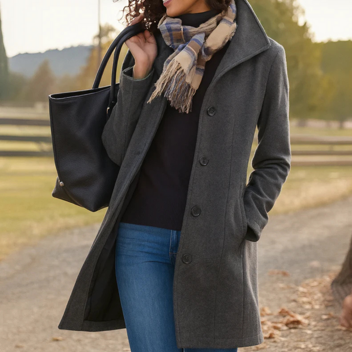Versatile women's winter coat, classic button-up design, ideal for elegant fall fashion.