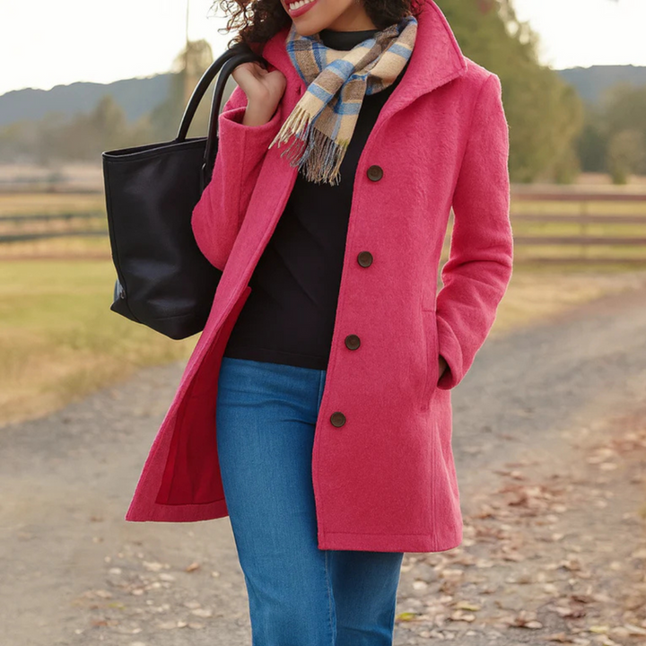Chic women's long coat, elegant button-up design, perfect for classic winter fashion.