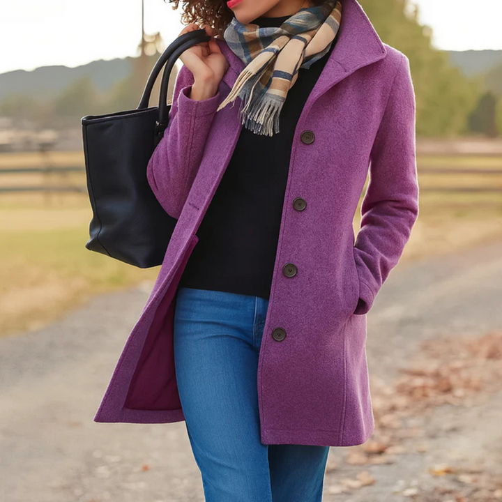 Classic women's button-up coat, elegant outerwear with a tailored fit for autumn looks.