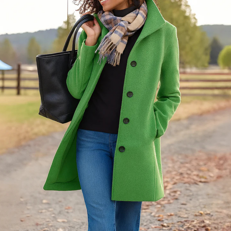 Sophisticated women's long coat, classic button-up, perfect for elegant fall outfits.