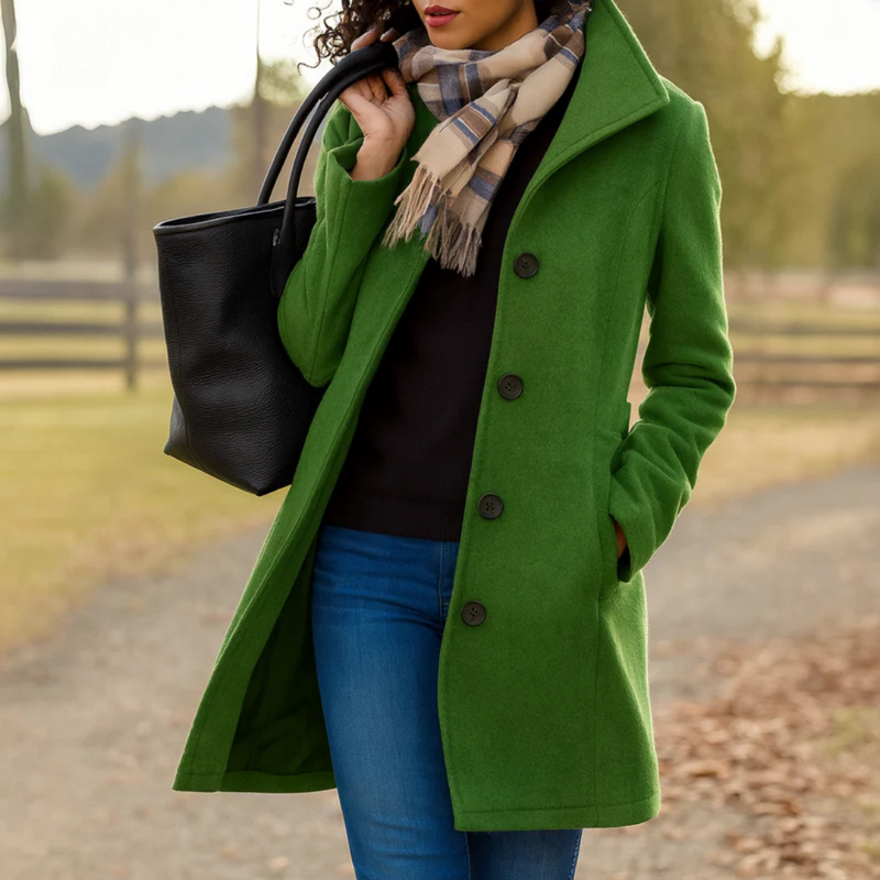 Women's elegant button-up classic coat, tailored fit outerwear, ideal for winter style.