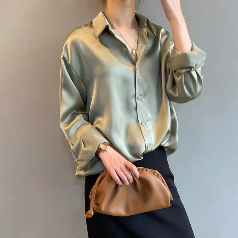 Women's office wear: elegant classic fall blouse with long sleeves, versatile and stylish.