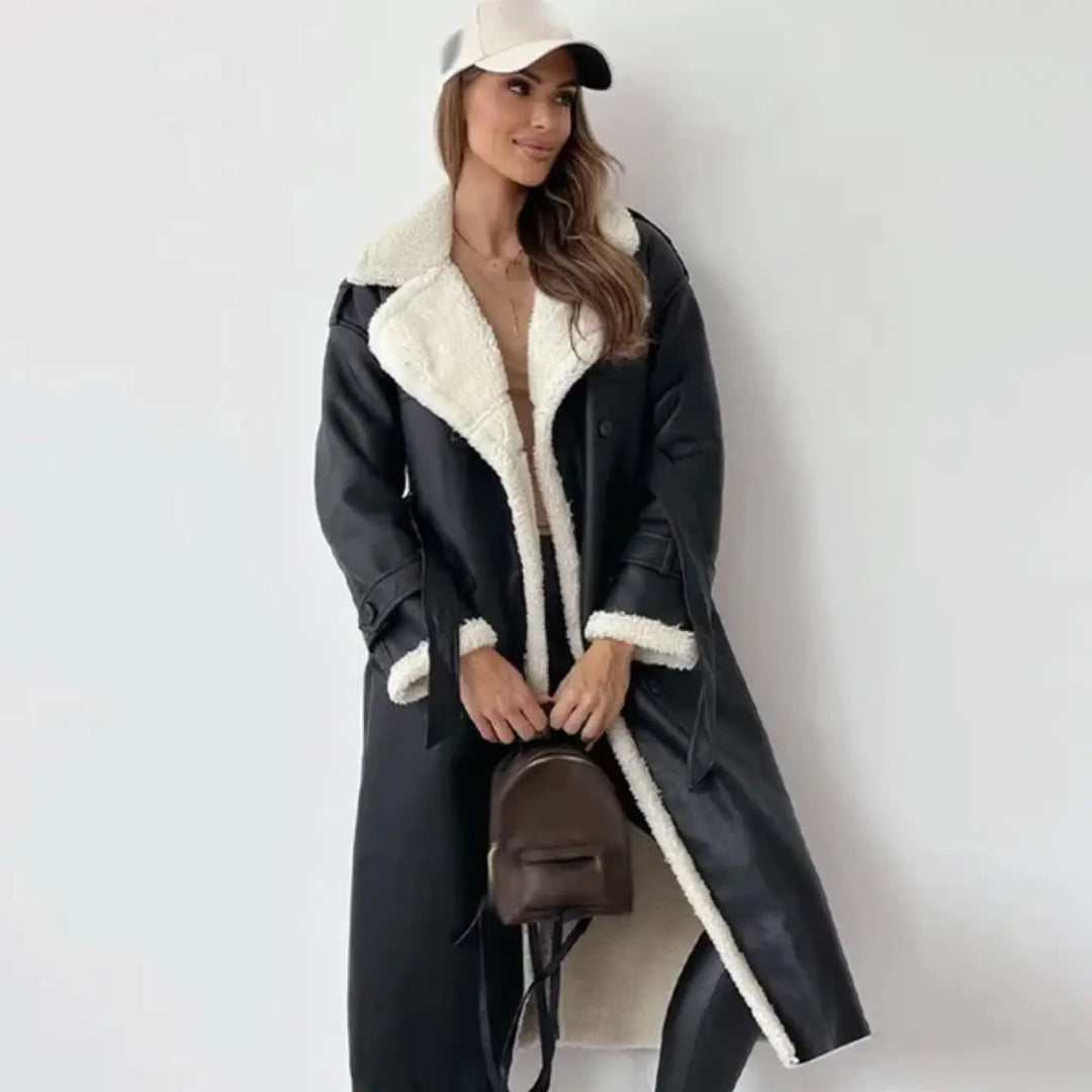 Elegant women's classic long coat with cozy lining, perfect for stylish winter fashion and warmth.