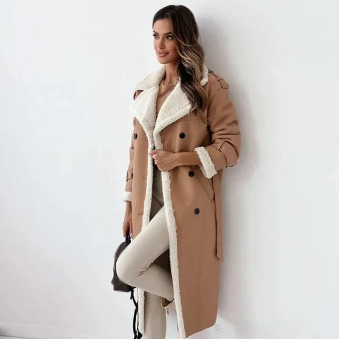 Stylish women's classic long coat, elegant outerwear, perfect for sophisticated winter fashion & warmth.