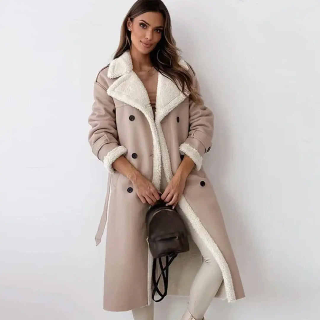 Versatile women's classic long coat with a cozy lining, ideal elegant outerwear for fall and winter.