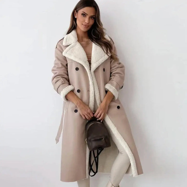 Versatile women's classic long coat with a cozy lining, ideal elegant outerwear for fall and winter.