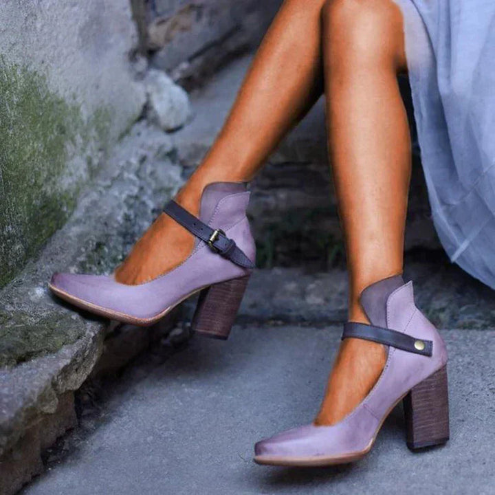 Elegant women's closed toe block heels with a secure ankle strap, perfect for office, party, or formal wear.